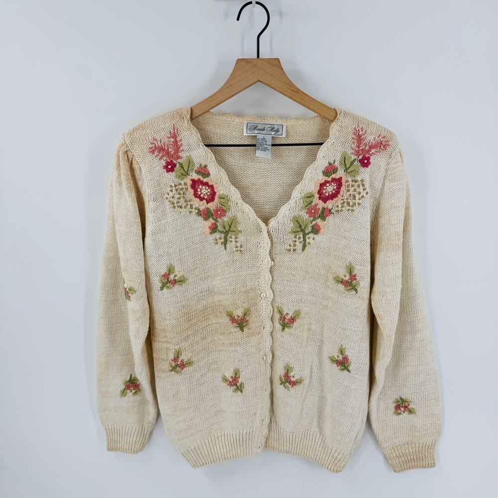 Vintage Private Party Ramie‎ Cotton Floral 3D Knit Cardigan Sweater L Grannycore